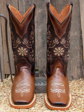 Women Mid Calf Cowboy Boots Square Toe Chunky Heel Embroidered Floral Rustic Two-Tone Western Boots